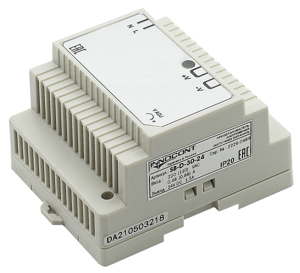 Источник питания INNOCONT. Вход: 220VAC, 0.48А, выход: 30W, 24VDC, 1.5A, -10 +50С, IP20, типы защиты: КЗ, перегрузка, перенапряжение SB-D-30-24 — изображение 2