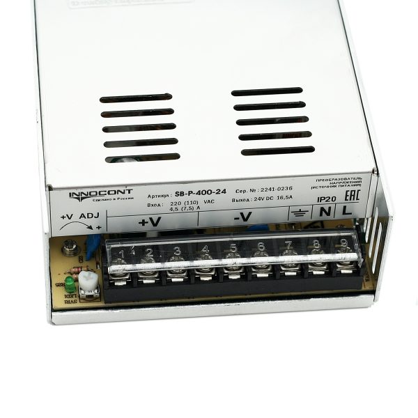 Источник питания INNOCONT. Вход: 220VAC, 4.5А, выход: 400W, 24VDC, 16.5A, -10 +50С, IP20,типы защиты: КЗ, перегрузка, перенапряжение SB-P-400-24 — изображение 2