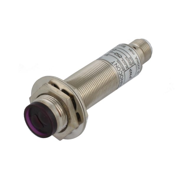 INNOCONT Фотодатчик диффузионный, М18x1, зона срабатывания до 30 см, -10 +60 С, 12…24 VDC, IP67, выход: PNP NO + NC, макс. ток 200 мА, время реакции 3 мс, разъем М12 PESL-D18-POC30D (connector) — изображение 1