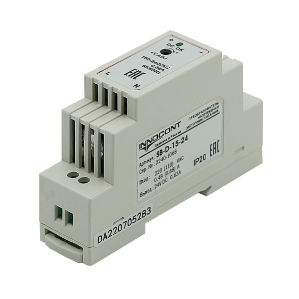 Источник питания INNOCONT. Вход: 220VAC, 0.48А, выход: 15W, 24VDC, 0.63A, -10 +50С, IP20, типы защиты: КЗ, перегрузка, перенапряжение SB-D-15-24 — изображение 1