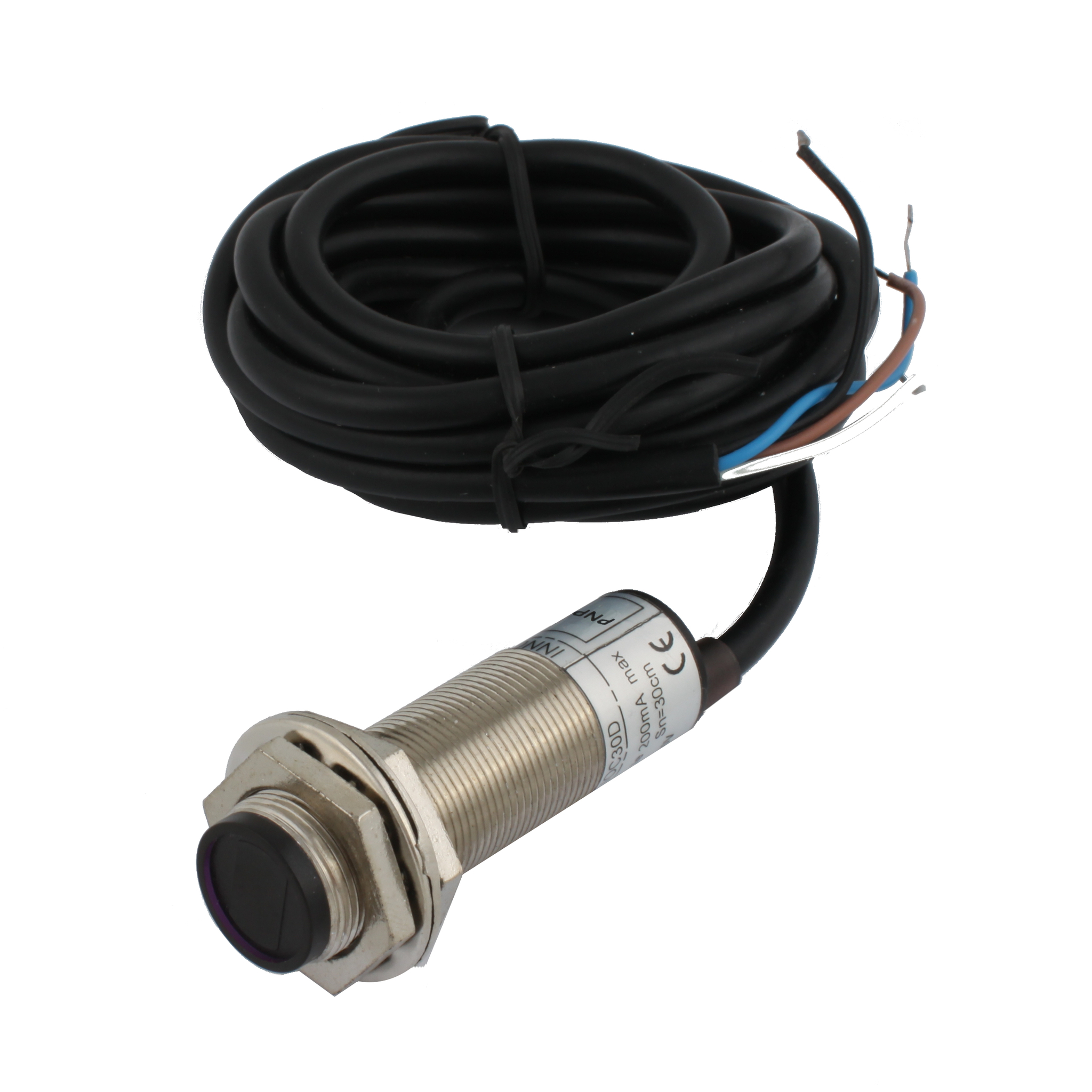 img_ee9f54f744afe90de2ba0b4fe69942ae INNOCONT Фотодатчик диффузионный, М18x1, зона срабатывания до 30 см, -10 +60 С, 12…24 VDC, IP67, выход: PNP NO + NC, макс. ток 200 мА, время реакции 3 мс, кабель 2 м PES-D18-POC30D (cable) — изображение 1
